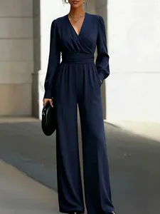 Tuta da Donna Con Scollo a V e Maniche Lunghe a Gamba Larga Elegante Vita Irregolare Vestibilità Slim Tinta Unita Pezzo Unico