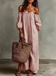 Elegant pink and white striped off-the-shoulder summer maxi dress shown on a model