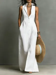 Elegant sleeveless white button-down maxi shirt dress with side pockets and collar