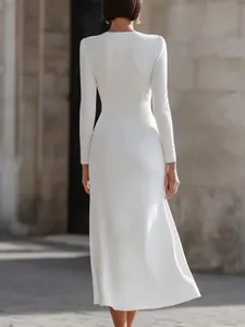 Elegant white long sleeve maxi dress for women featuring a minimalist back view design