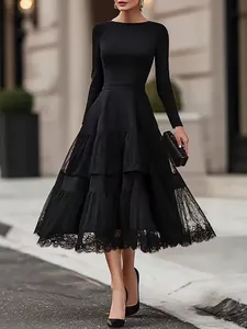 French Hepburn Style Long Sleeve Mesh Patchwork Midi Dress Women Elegant Round Neck Slim Fit Lace Trim Party Dress