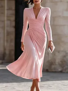 Elegant pink V-neck long-sleeve midi dress with draped pleated details for women