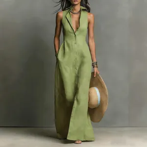 Full length view of olive green sleeveless button-down shirt dress on model