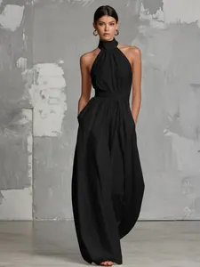 Elegant solid black backless halter neck wide-leg jumpsuit for women's summer party