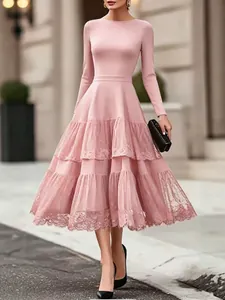 Elegant pink French style long sleeve dress with mesh lace spliced skirt for autumn winter