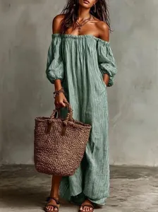 Elegant green striped off-the-shoulder maxi dress with puff sleeves and bohemian casual style
