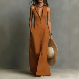 Detail of the elegant sleeveless button-down maxi dress in burnt orange with pockets