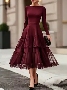 Elegant burgundy Hepburn style long sleeve dress with mesh tiered lace patchwork skirt