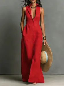 Elegant red sleeveless button-down maxi dress with shirt collar for summer