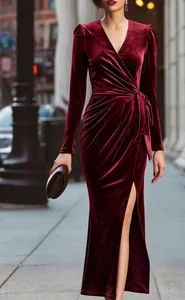 Elegant burgundy velvet evening gown with deep V-neck and high leg slit detail