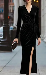 Elegant black velvet V-neck long sleeve wrap dress with a high side slit for evening gala
