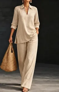 Set due pezzi in lino beige con maglia scollo a V e pantaloni larghi sulla modella.