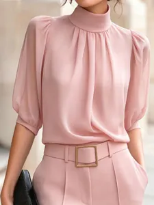 Elegante Franse stijl roze geplooide blouse met opstaande kraag voor dames modieuze kleding