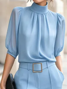 Elegante lichtblauwe damesblouse Franse stijl met opstaande kraag en pofmouwen chic top