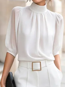 Elegante witte blouse in Franse stijl met opstaande kraag en pofmouwen voor dames