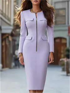 Elegant lavender slim-fit knit dress with front zipper and long sleeves for women.