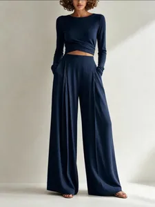 Completo da Donna in Maglia Due Pezzi Orlo Irregolare Girocollo Top a Maniche Lunghe e Pantaloni a Gamba Larga Tinta Unita