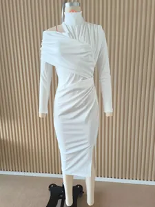 Detailed view of an elegant white ruched off-shoulder midi dress with high neck