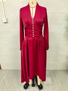 Elegant red V-neck long sleeve maxi dress with waist ruching and decorative buttons