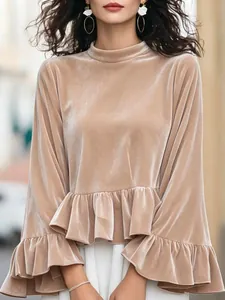 Elegant khaki round neck velvet top for women featuring stylish flare sleeves and ruffle hem detail