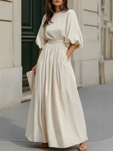 Abito Lungo Francese Elegante Con Maniche a Lanterna per Donna Tinta Unita Vita Definita A-Line Abito da Festa Con Tasche Poliestere
