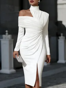 Sophisticated white off-shoulder ruched bodycon dress with an elegant front slit detail
