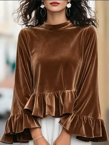 Elegant brown velvet round neck long sleeve top with ruffles and bell sleeves