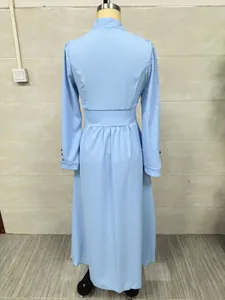 Detailed back view of an elegant light blue high-waisted long-sleeve maxi dress product