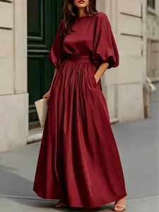 Elegante abito lungo stile francese rosso vino con maniche a sbuffo e vita alta da donna