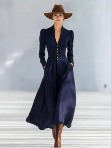 Women Elegant V Neck Lantern Sleeve Maxi Dress Ruched Waist A Line Evening Party Dress Gold Button Decoration Dress