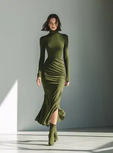 Detailed view of dark olive green high-neck ruched dress with slim fit and long sleeves
