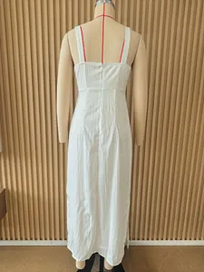 Detailed back view of an elegant white slim-fit sleeveless summer dress with zipper detail