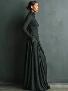 Elegant dark grey turtleneck maxi dress with long sleeves and large swing hem