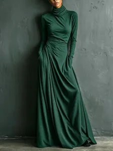 Elegant dark green long sleeve turtleneck maxi dress featuring an a-line large swing skirt