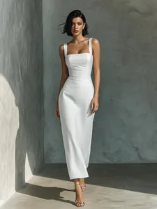 Elegant white slim-fit sleeveless square neck midi dress for women summer style