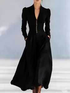 Elegant long black V-neck maxi dress with puff sleeves and cinched waist for women