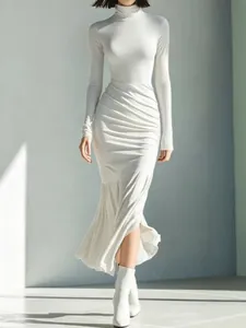 Elegant white turtleneck ruched long sleeve slim fit maxi dress for women