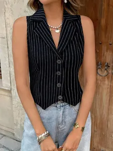 Close-up of a chic pinstriped sleeveless vest with lapel collar and buttons.