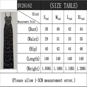 Detailed size chart for elegant black rhinestone evening maxi dress with bust waist and hip measurements