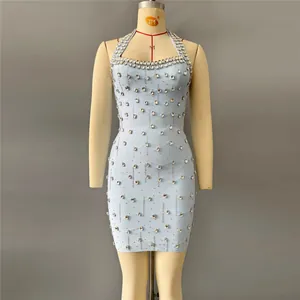Elegant light blue halter neck bandage dress with luxury rhinestone embellishments