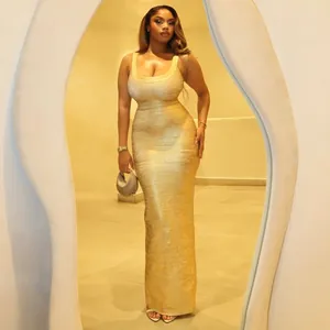 Elegant gold bandage maxi dress with horizontal textured stripes for a slim fit