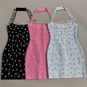 Elegant sparkling rhinestone halter bandage dresses available in black, pink, and light blue.