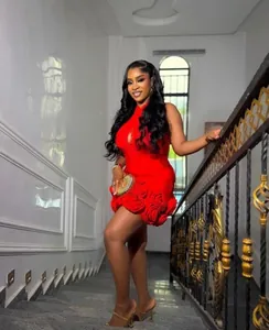 Stunning sexy red bandage halter mini dress featuring intricate 3D floral hem details
