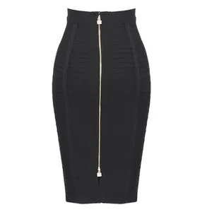 Detailed front view of black high-waisted bandage bodycon skirt with gold zipper