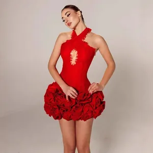 Detail of red halter bandage mini dress with 3D floral rose hem and lace bodice