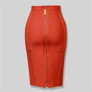 Detail shot of high waist bandage skirt showing the full-length gold-tone back zipper