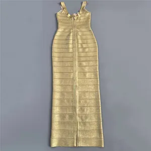 Detailed front view of a shimmering gold bandage maxi dress with high waist design.