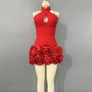 Red halter bandage mini dress featuring exquisite 3D satin rose flowers at the hemline.