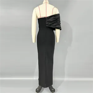 Back view of elegant black bodycon bandage evening dress with one-shoulder ruffle