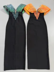 Elegant black bandage dresses with intricate beadwork and iridescent puffed sleeves
